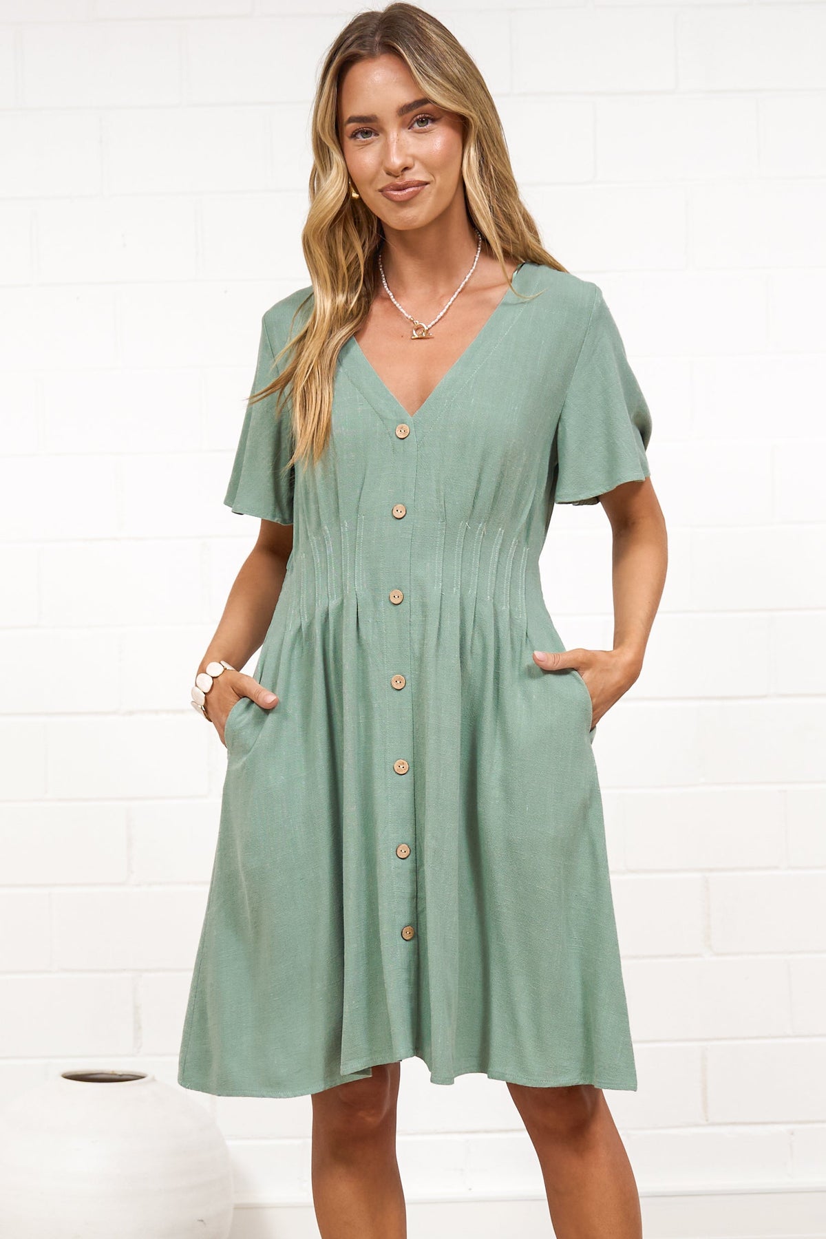 Karin Mini Dress - V Neck Flutter Sleeve Mini with Decorative Front Button Placket in Sage