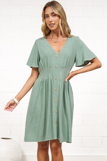 Karin Mini Dress - V Neck Flutter Sleeve Mini with Decorative Front Button Placket in Sage