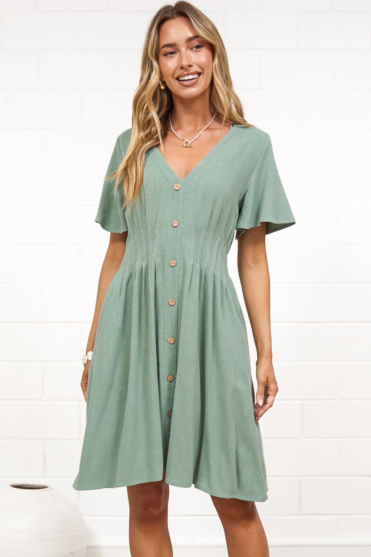 Karin Mini Dress - V Neck Flutter Sleeve Mini with Decorative Front Button Placket in Sage
