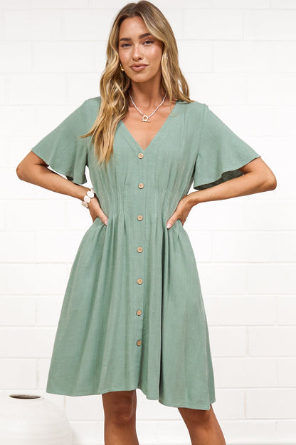 Karin Mini Dress - V Neck Flutter Sleeve Mini with Decorative Front Button Placket in Sage