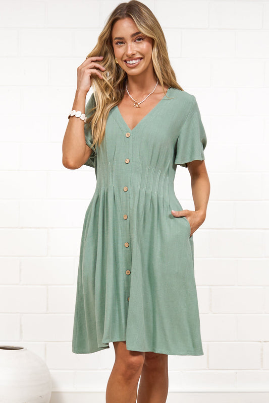 Karin Mini Dress - V Neck Flutter Sleeve Mini with Decorative Front Button Placket in Sage