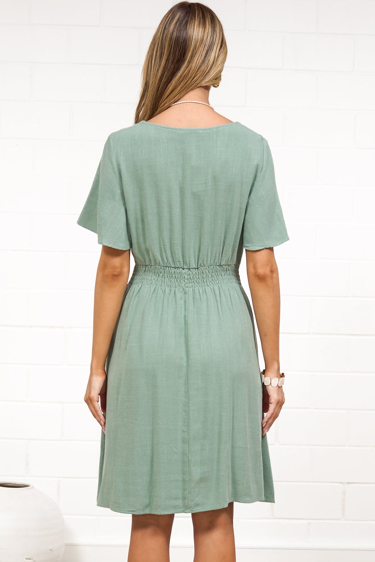 Karin Mini Dress - V Neck Flutter Sleeve Mini with Decorative Front Button Placket in Sage