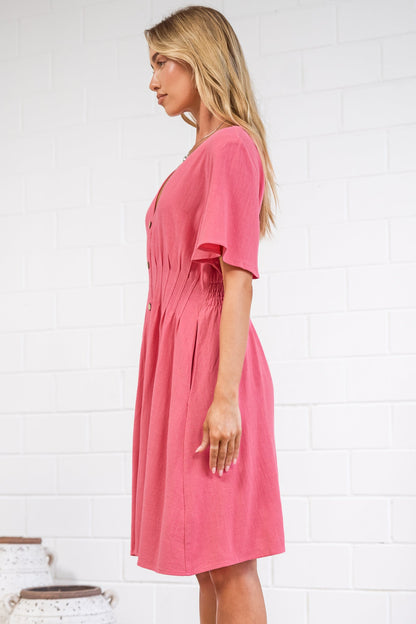 Karin Mini Dress - V Neck Flutter Sleeve Mini with Decorative Front Button Placket in Pink