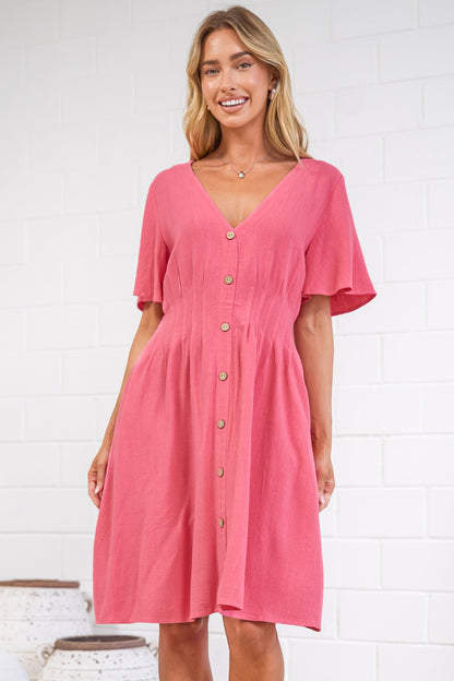 Karin Mini Dress - V Neck Flutter Sleeve Mini with Decorative Front Button Placket in Pink