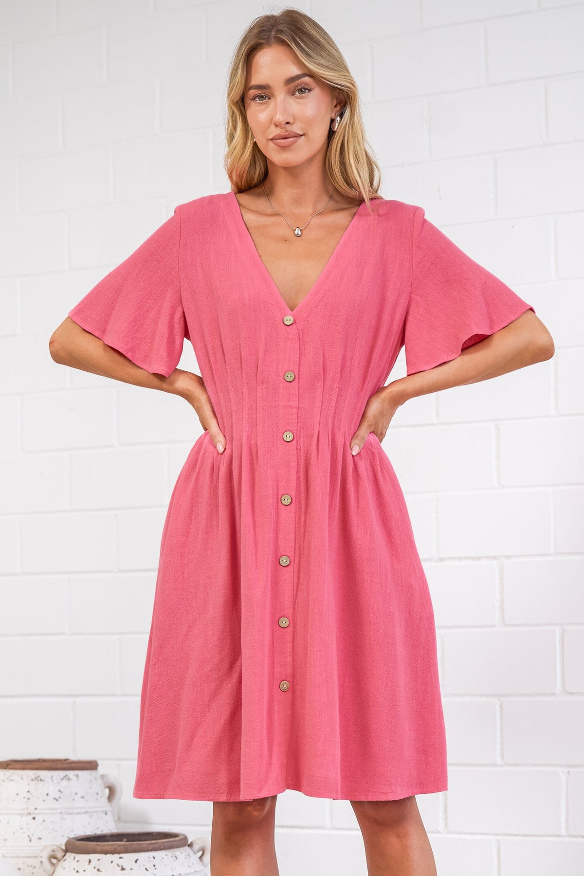 Karin Mini Dress - V Neck Flutter Sleeve Mini with Decorative Front Button Placket in Pink