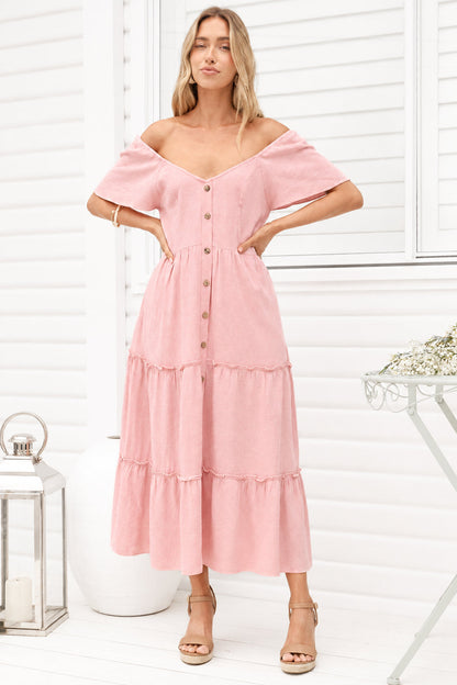 Karina Midi Dress - Button Down Cap Sleeve Tiered Dress in Pink