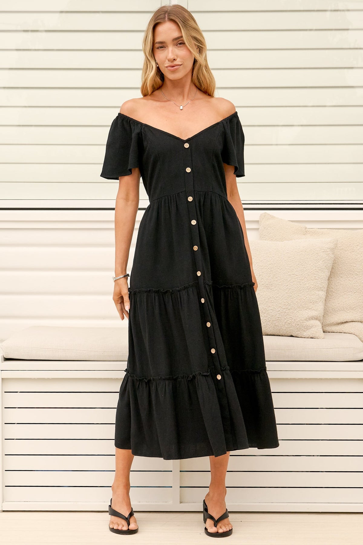 Karina Midi Dress - Button Down Cap Sleeve Tiered Dress in Black