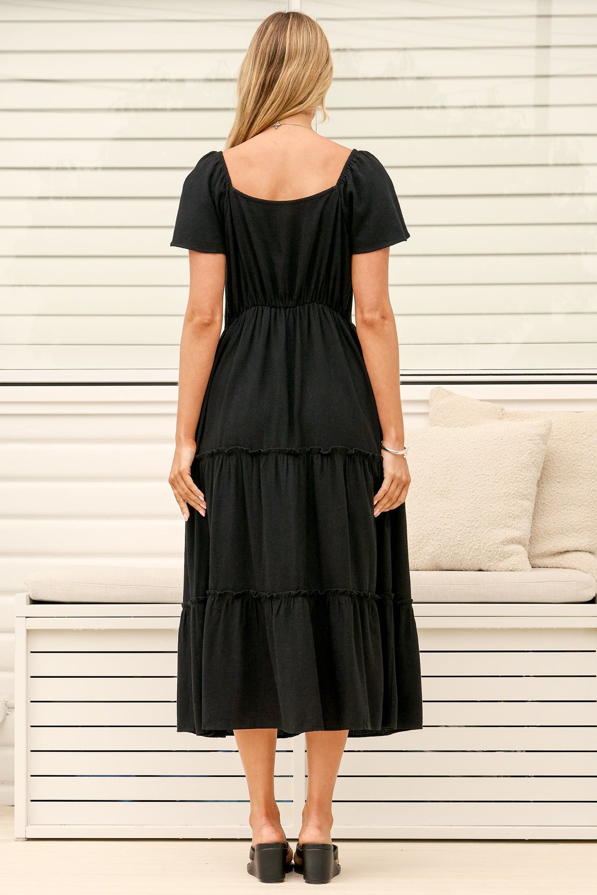 Karina Midi Dress - Button Down Cap Sleeve Tiered Dress in Black