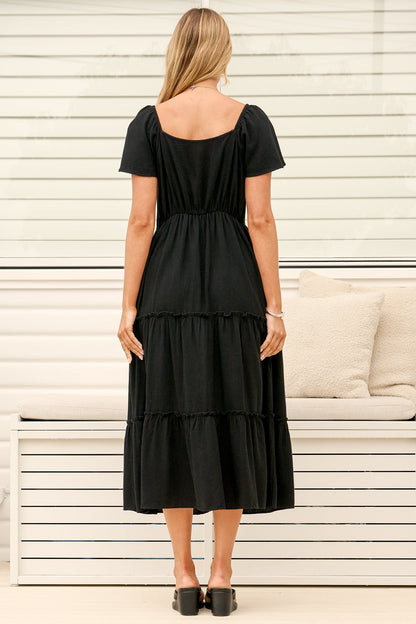 Karina Midi Dress - Button Down Cap Sleeve Tiered Dress in Black