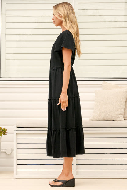 Karina Midi Dress - Button Down Cap Sleeve Tiered Dress in Black