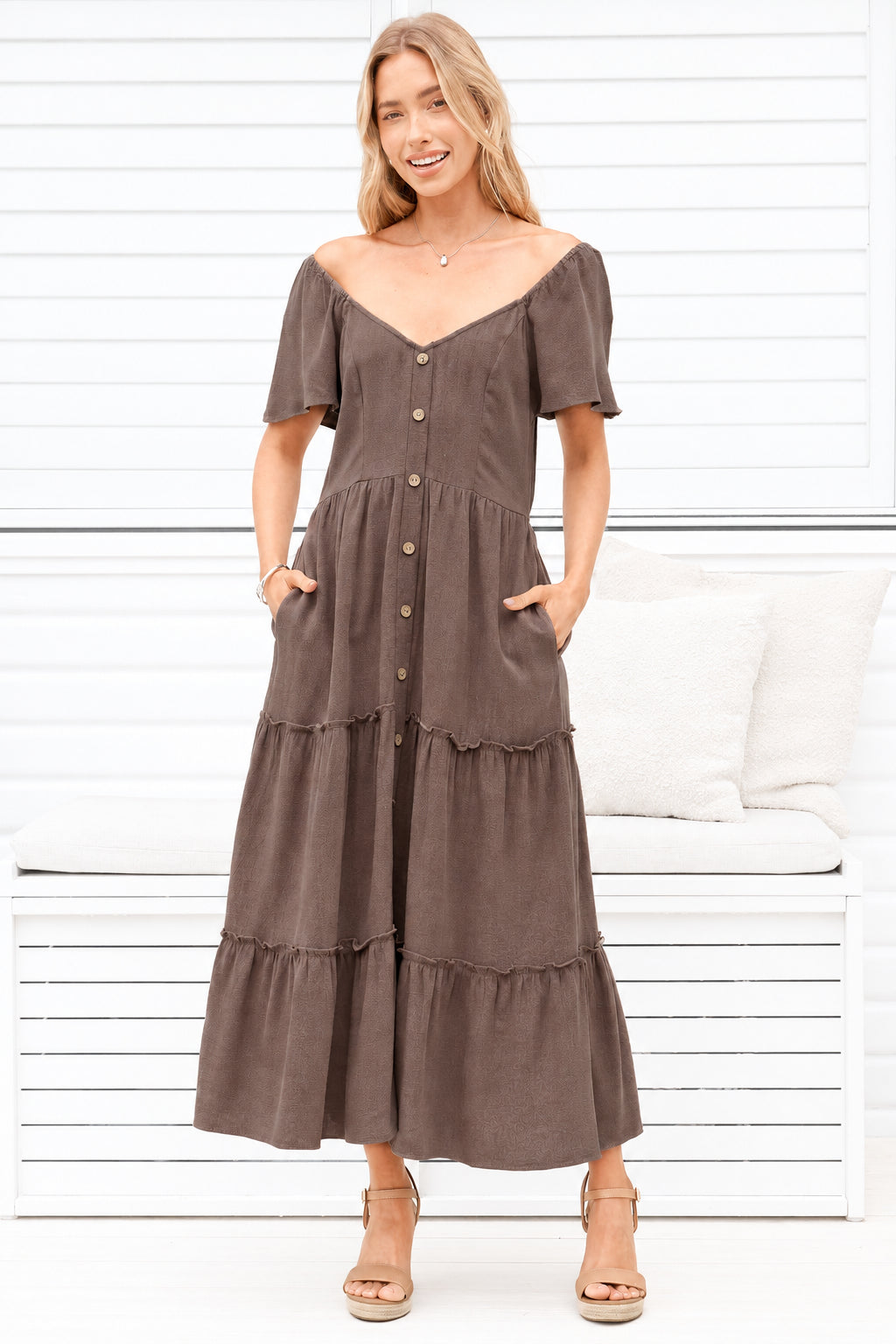Karina Midi Dress - Button Down Cap Sleeve Tiered Dress in Brown
