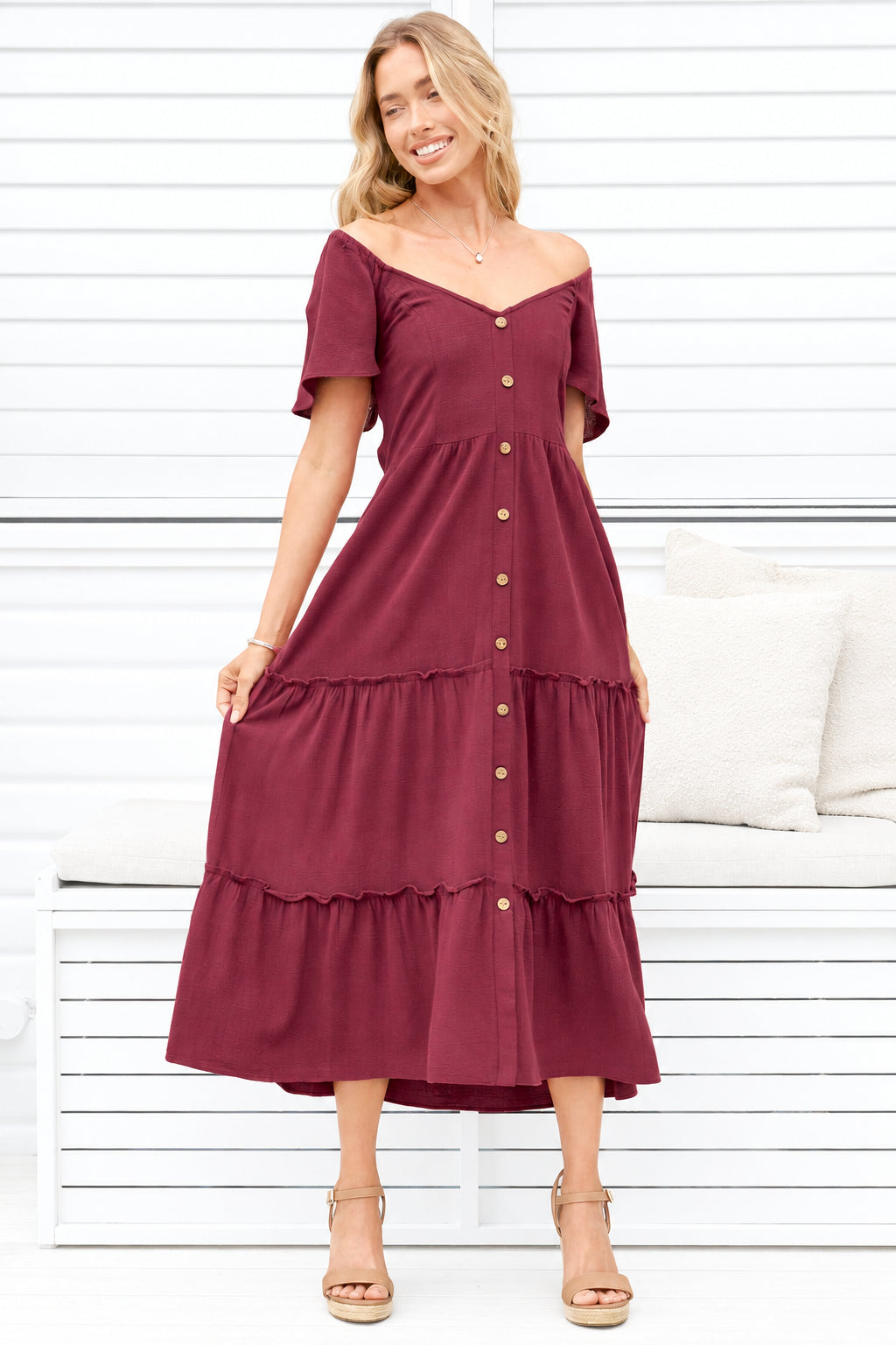 Karina Midi Dress - Button Down Cap Sleeve Tiered Dress in Wine