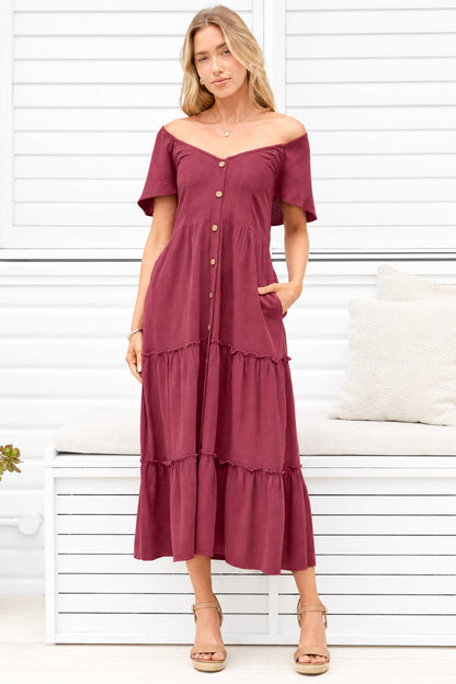 Karina Midi Dress - Button Down Cap Sleeve Tiered Dress in Wine