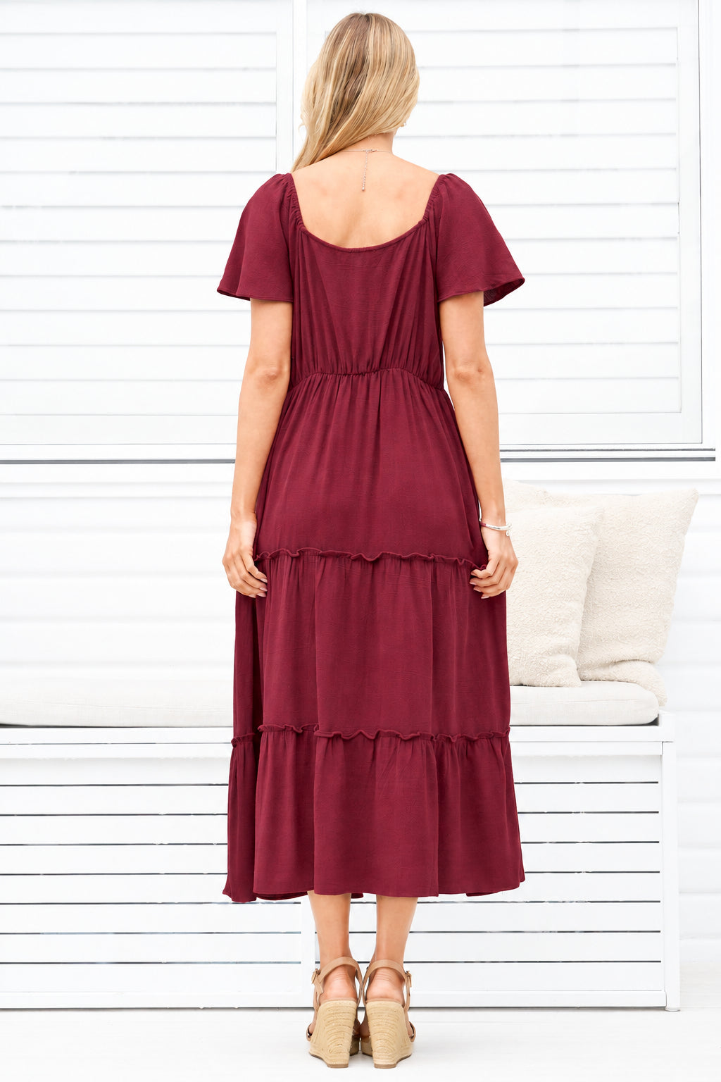 Karina Midi Dress - Button Down Cap Sleeve Tiered Dress in Wine