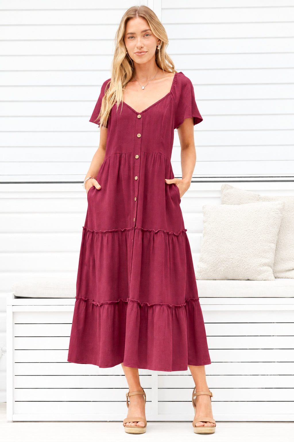 Karina Midi Dress - Button Down Cap Sleeve Tiered Dress in Wine