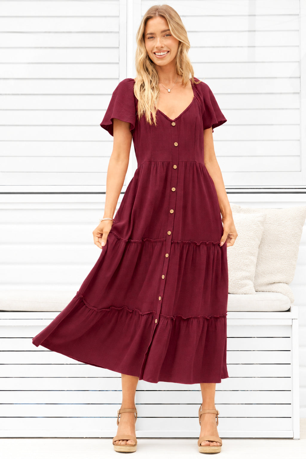 Karina Midi Dress - Button Down Cap Sleeve Tiered Dress in Wine