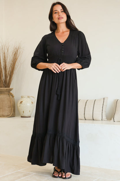 Kiaba Maxi Dress - V-Neck Buttoned Bodice 3/4 Sleeve A-Line Dress with Lace Inserts in Black