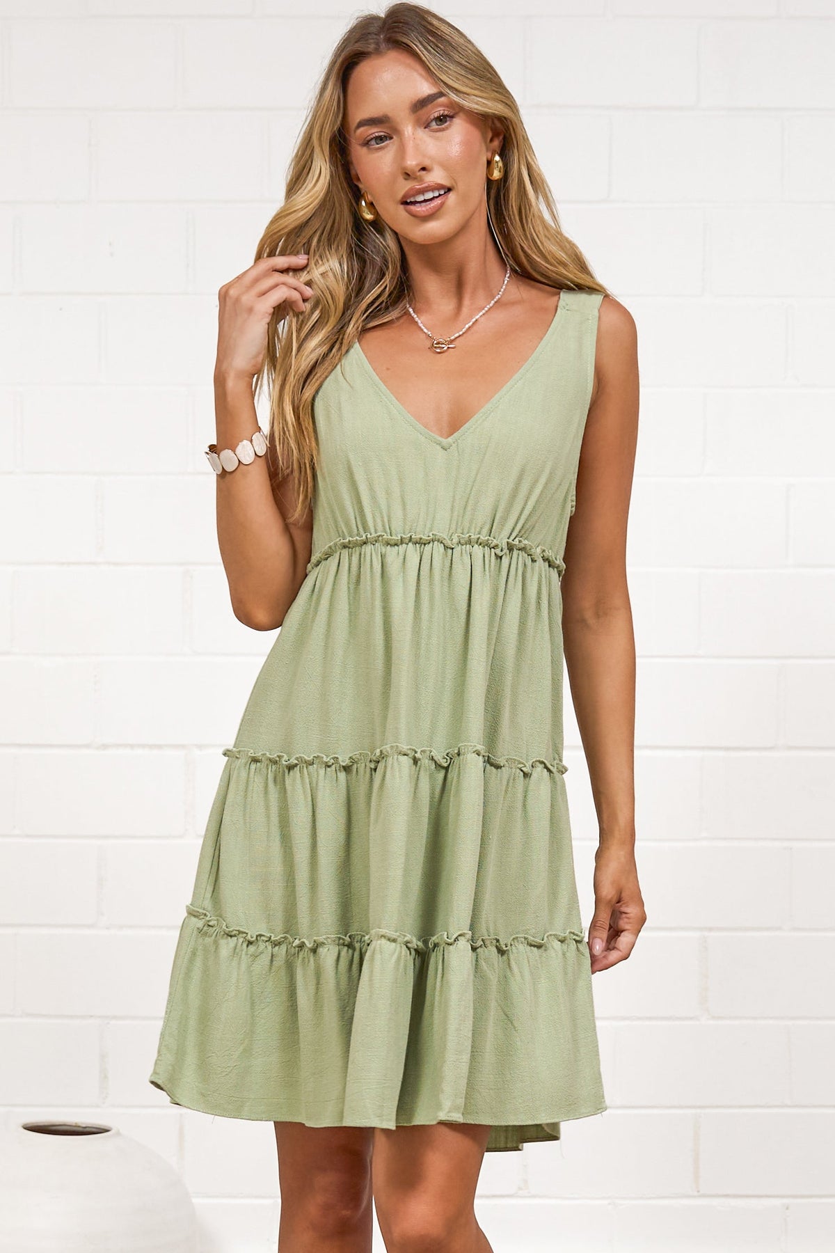 Lacy Mini Dress - Tie on Shoulder Strap Frill Splicing Tiered Sun Dress in Sage