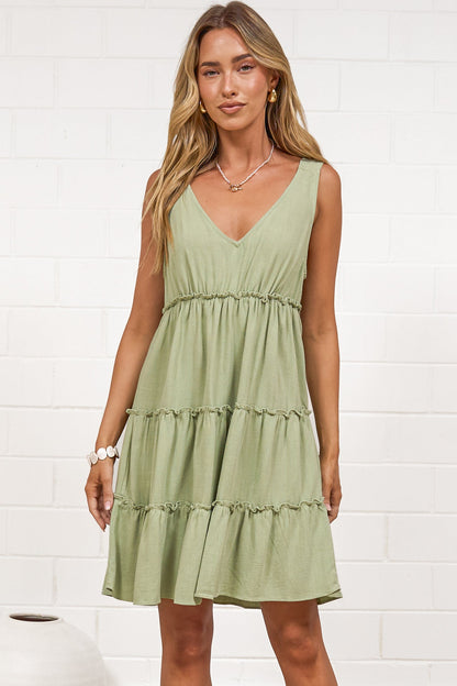 Lacy Mini Dress - Tie on Shoulder Strap Frill Splicing Tiered Sun Dress in Sage