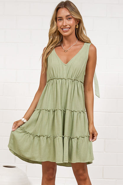 Lacy Mini Dress - Tie on Shoulder Strap Frill Splicing Tiered Sun Dress in Sage