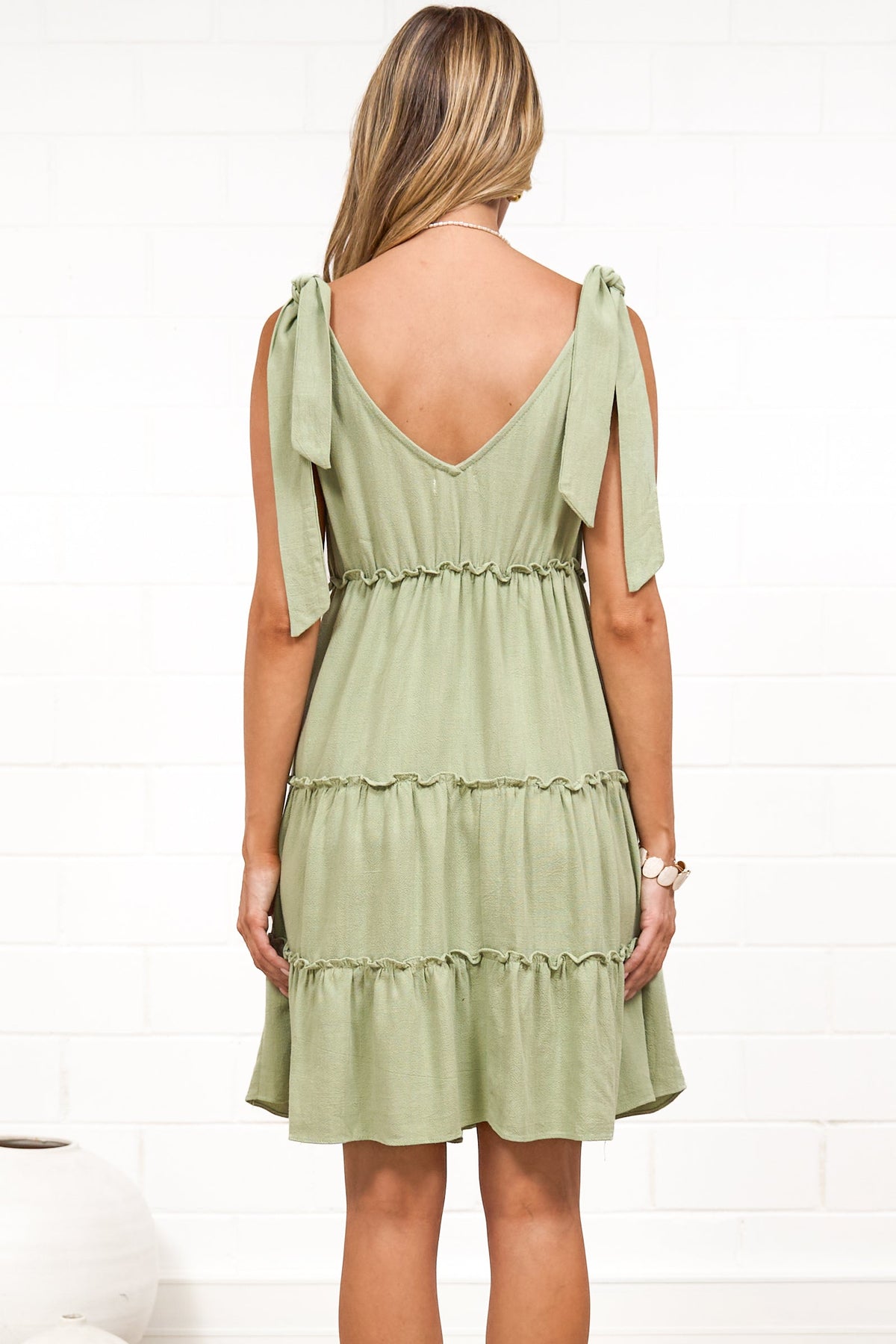 Lacy Mini Dress - Tie on Shoulder Strap Frill Splicing Tiered Sun Dress in Sage
