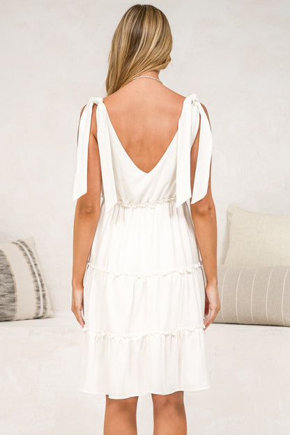 Lacy Mini Dress - Tie on Shoulder Strap Frill Splicing Tiered Sun Dress in White