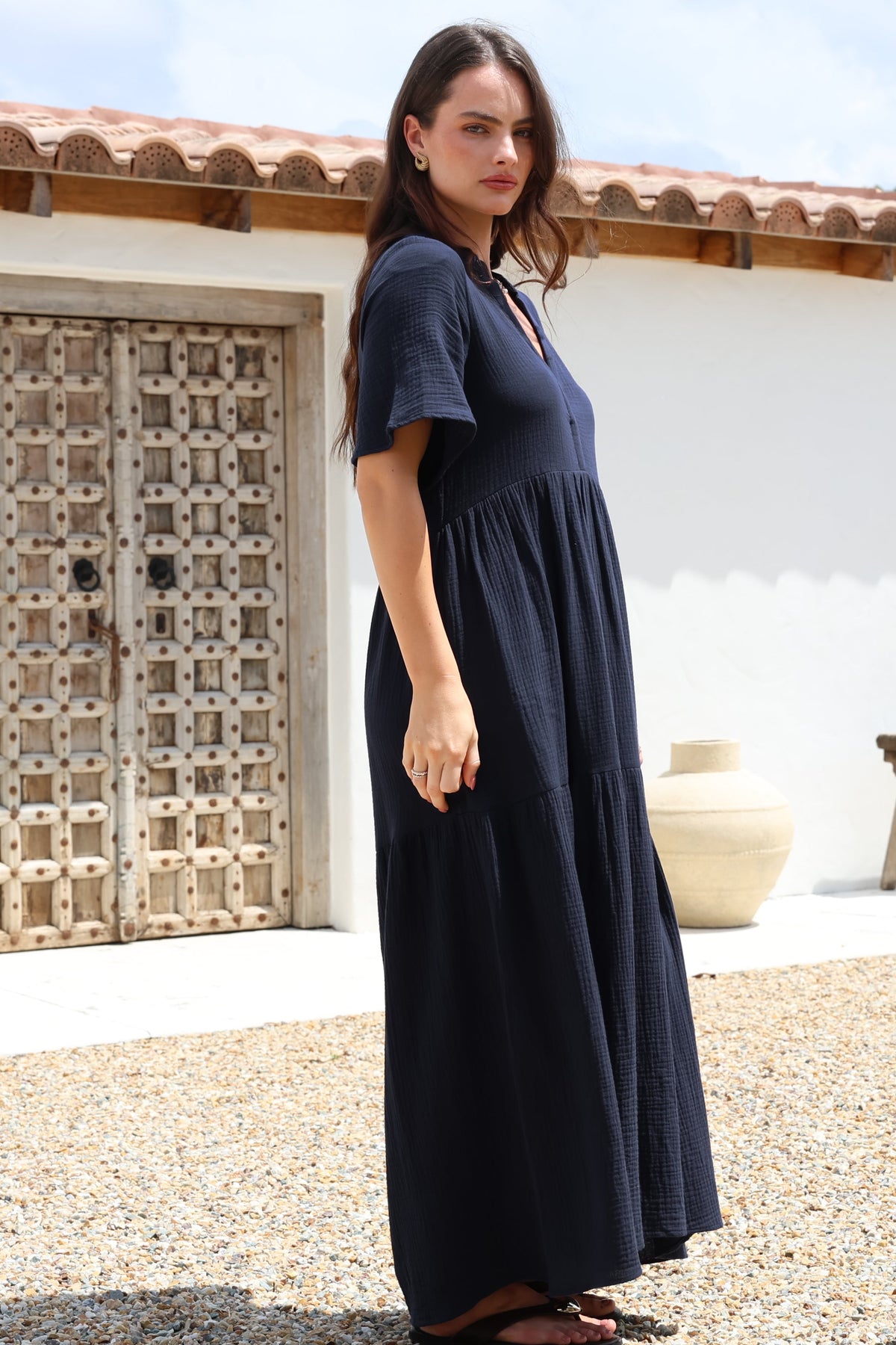 Laysa Maxi Dress - Mandarin Collar Short Sleeve Dress in Navy