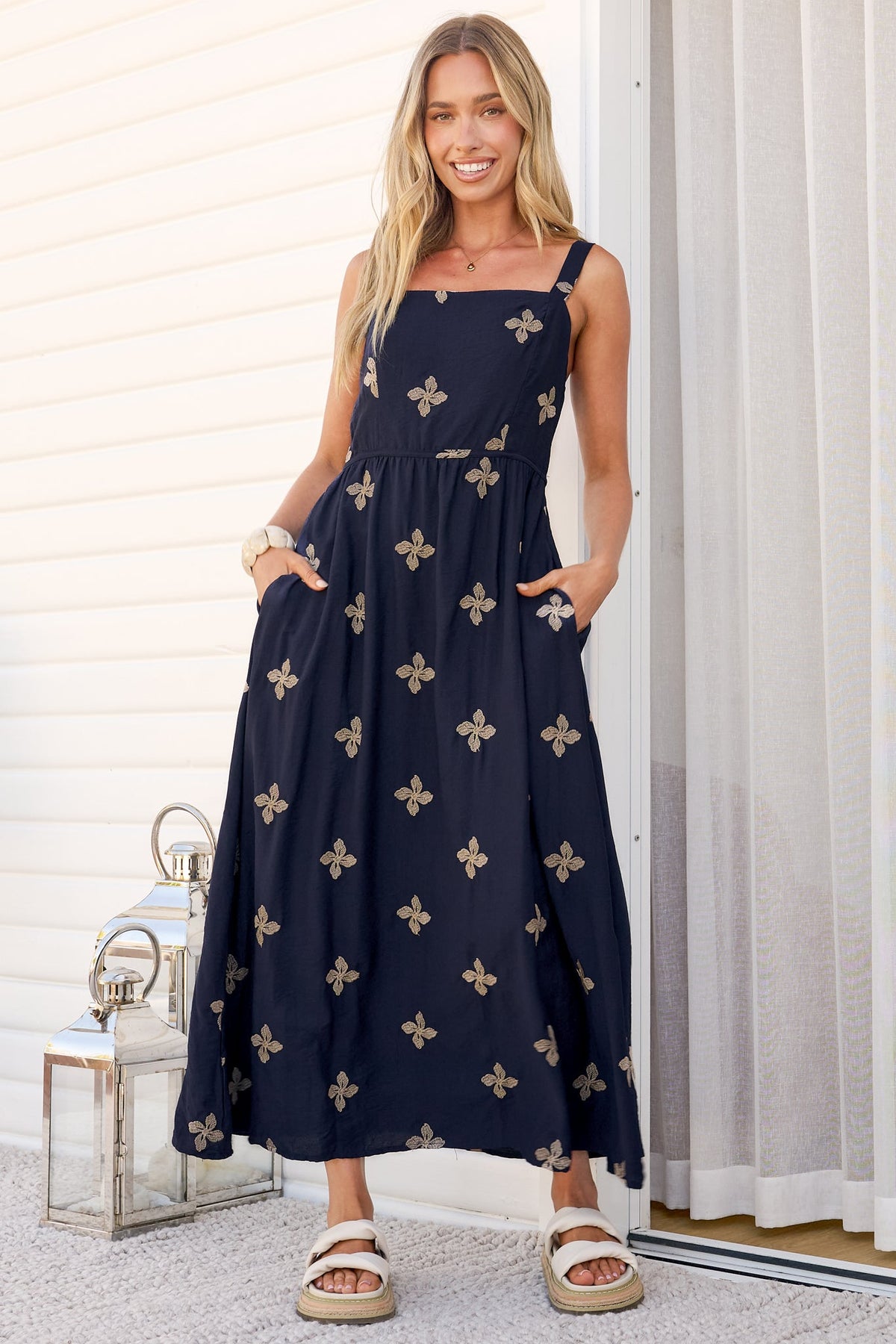 Lexah Maxi Dress - Embroidered A Line Dress with Pockets in Gigi Print Navy
