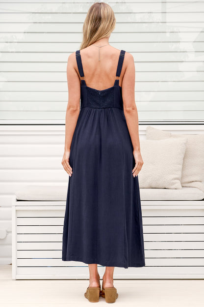 Model wearing Lielle Midi Dress in Navy from Salty Crush