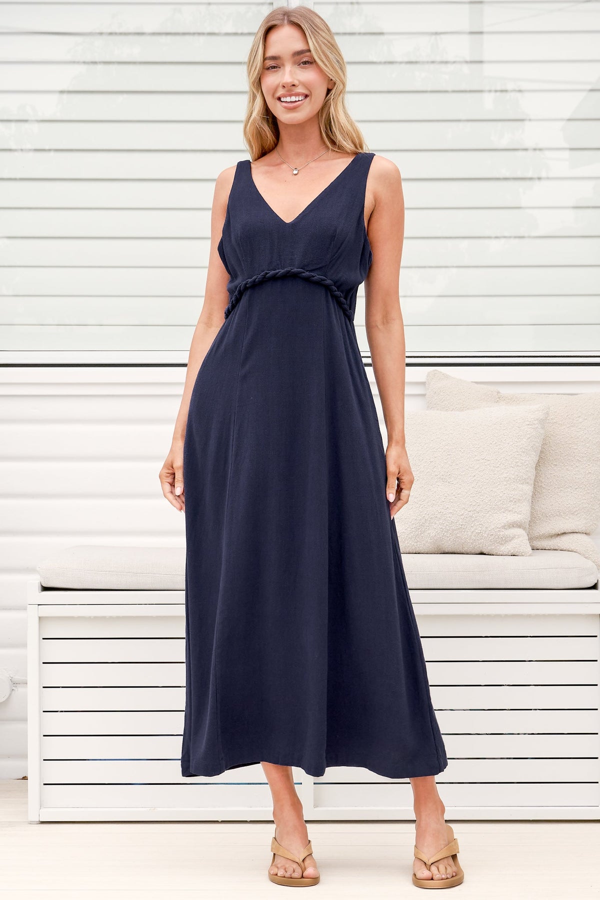 Model wearing Lielle Midi Dress in Navy from Salty Crush