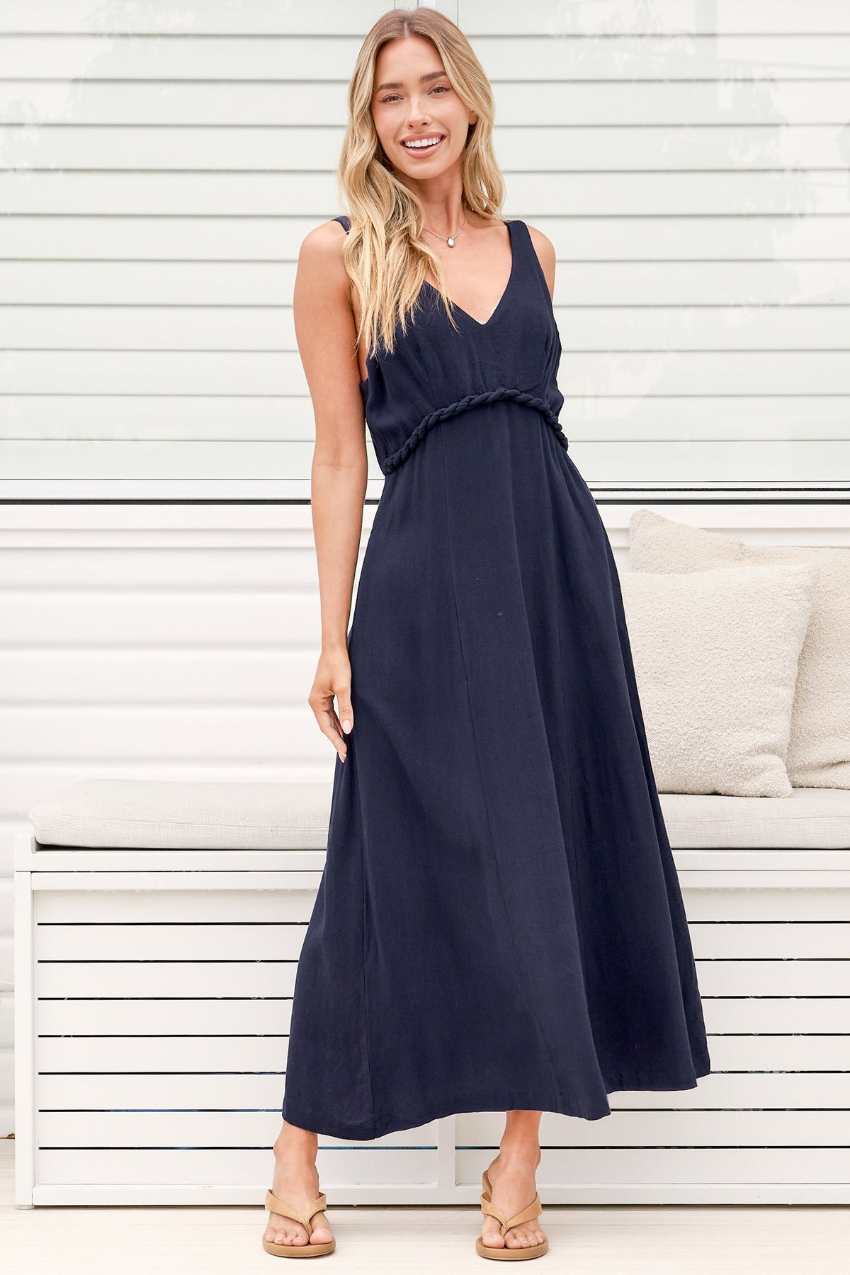 Model wearing Lielle Midi Dress in Navy from Salty Crush