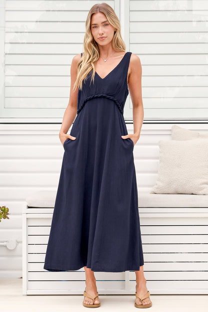 Model wearing Lielle Midi Dress in Navy from Salty Crush