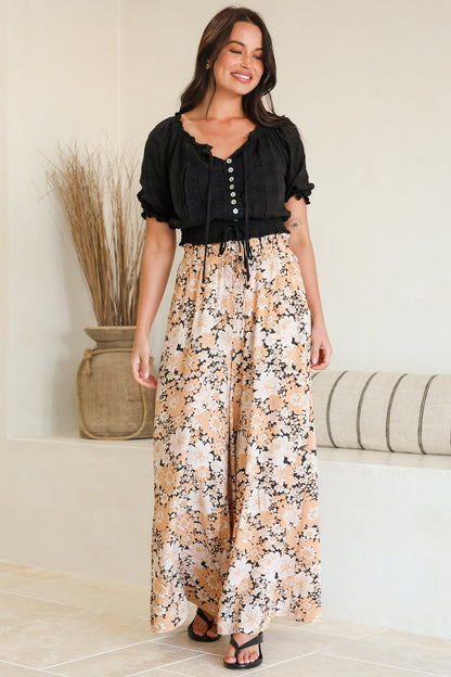 Lyanna Pants Paper Bag High Waisted Wide Leg Pants with Floral Print