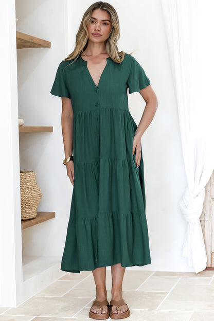 Milla Midi Dress - Tiered Cap Sleeve Button Down Linen Dress in Emerald