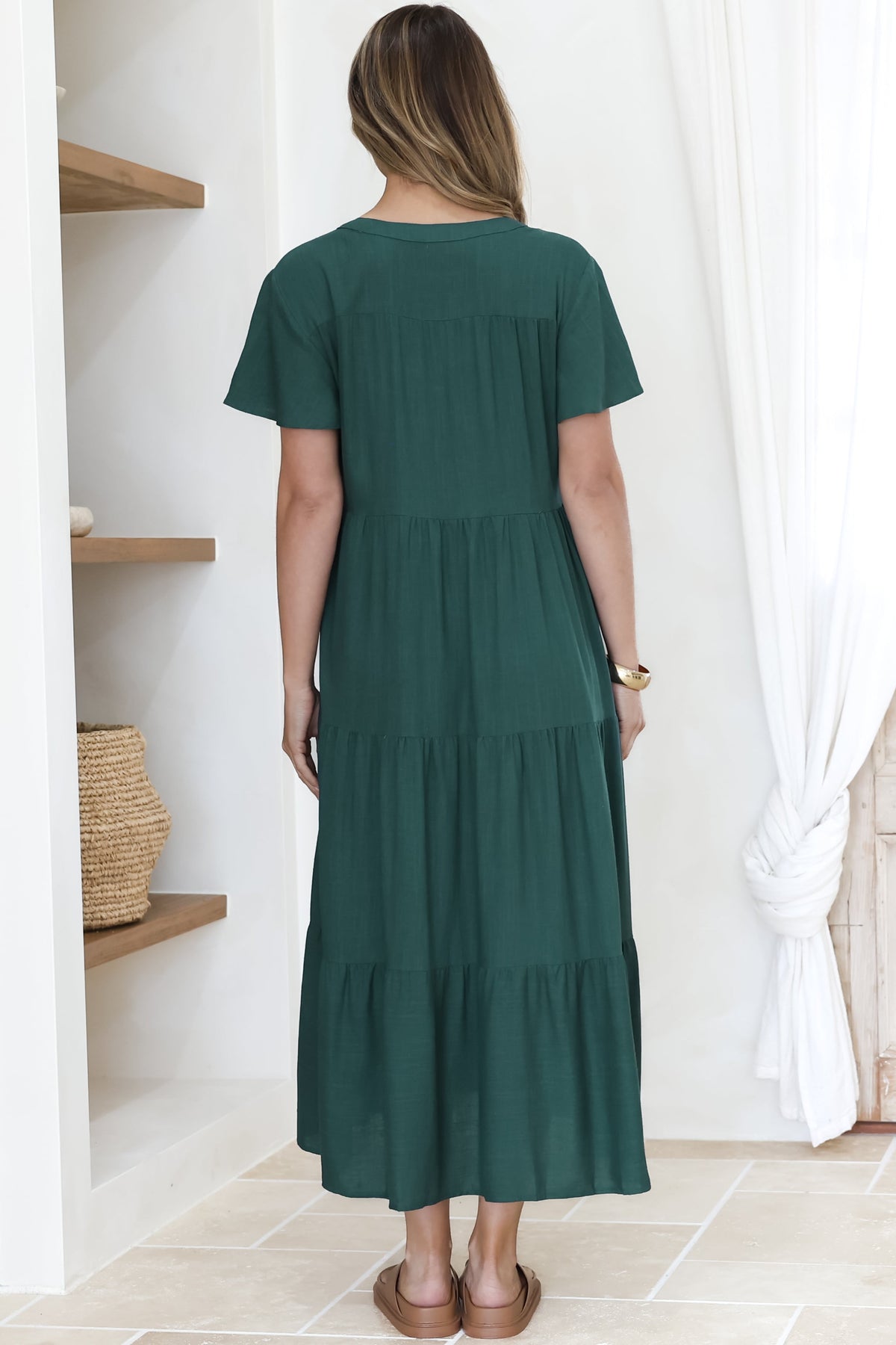 Milla Midi Dress - Tiered Cap Sleeve Button Down Linen Dress in Emerald