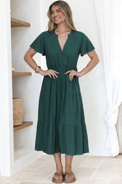 Milla Midi Dress - Tiered Cap Sleeve Button Down Linen Dress in Emerald