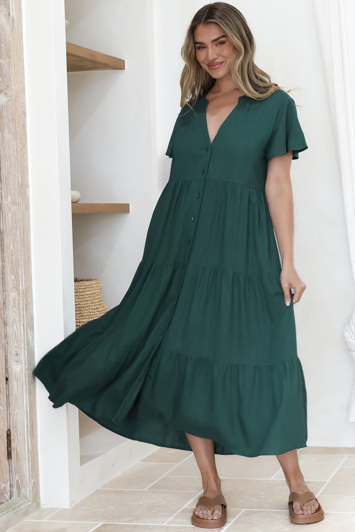 Milla Midi Dress - Tiered Cap Sleeve Button Down Linen Dress in Emerald