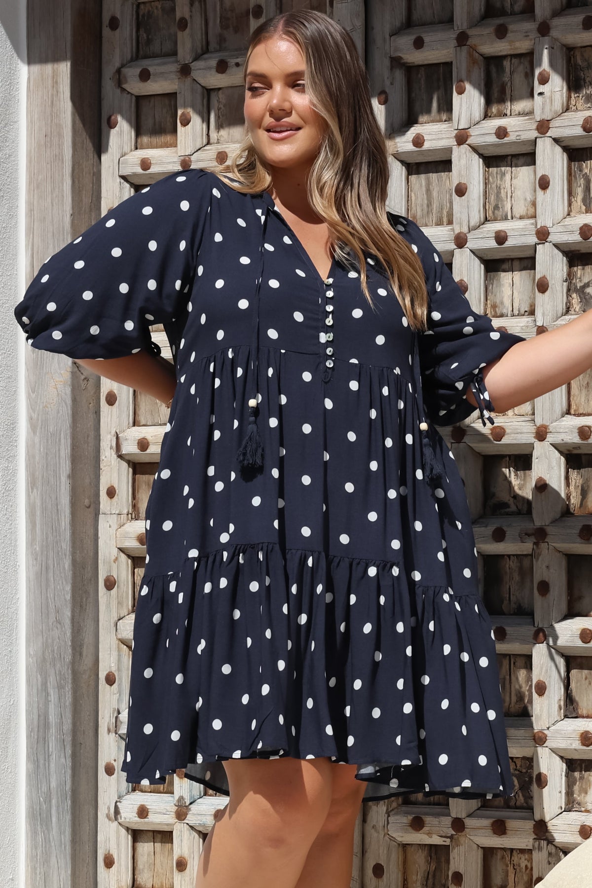 Marah Mini Dress - Mandarin Collar Short Sleeve with Tie Smock Dress in Parisian Polka Navy