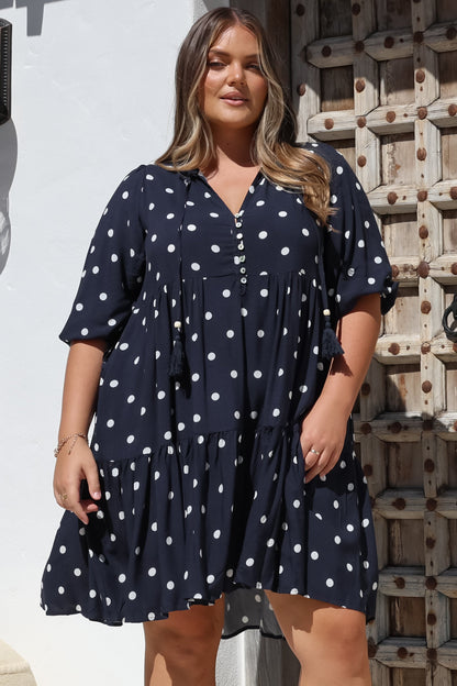 Marah Mini Dress - Mandarin Collar Short Sleeve with Tie Smock Dress in Parisian Polka Navy