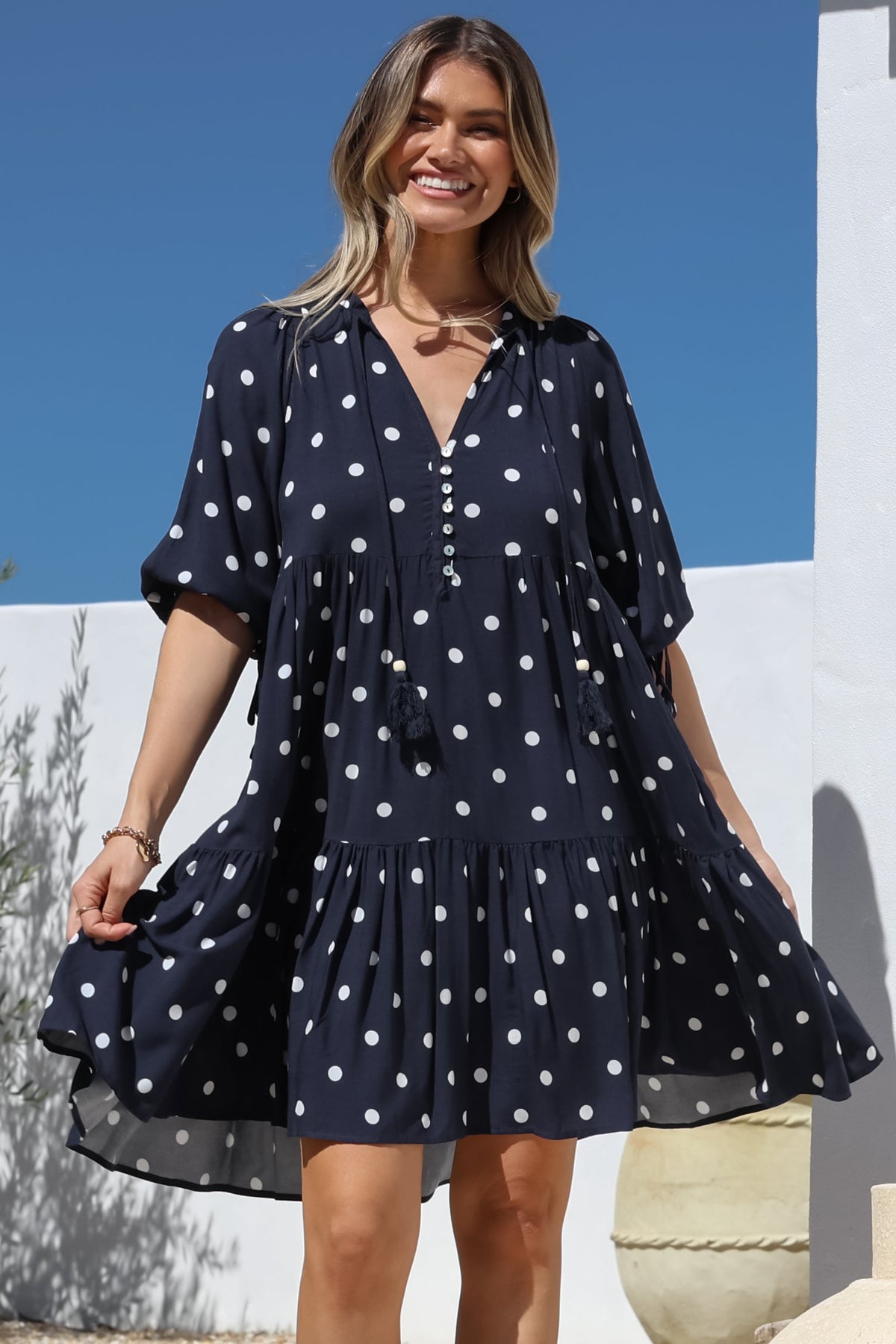 Marah Mini Dress - Mandarin Collar Short Sleeve with Tie Smock Dress in Parisian Polka Navy