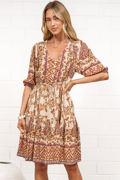 Marcia Mini Dress - Taya Print Tan