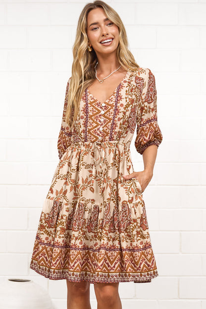 Marcia Mini Dress - Taya Print Tan