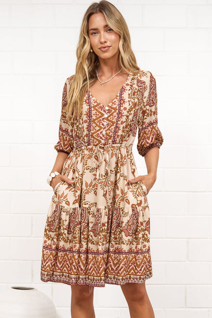 Marcia Mini Dress - Taya Print Tan