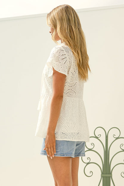 Marcy Top - Frill Mandarin Collar with Neck Tie Embroidered Smock Top in White