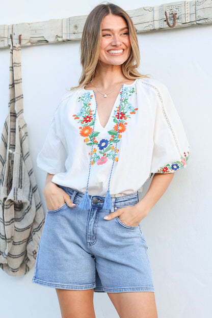 Margerie Top - Floral Embroidered Top with 3/4 Sleeves in White
