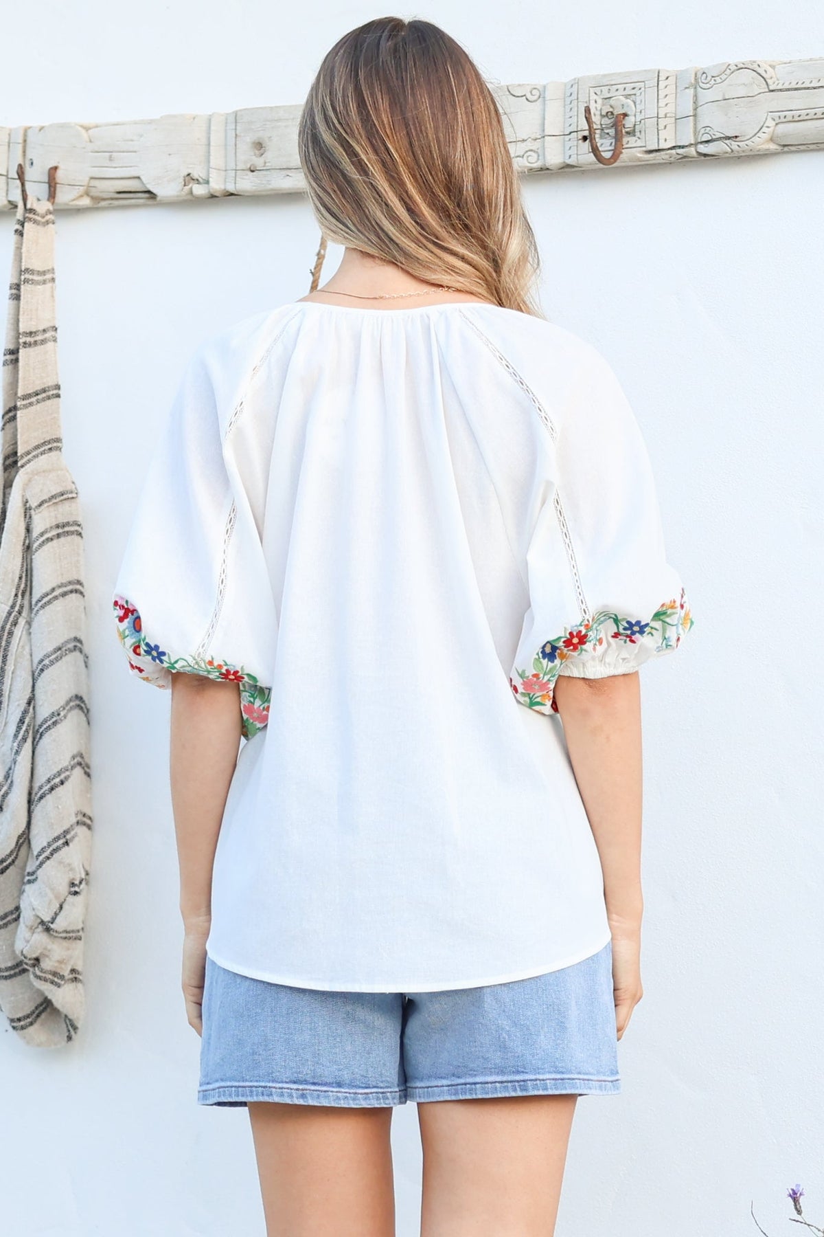 Margerie Top - Floral Embroidered Top with 3/4 Sleeves in White