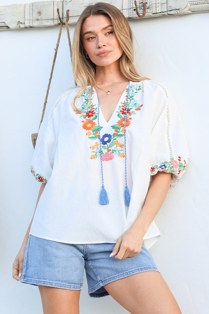 Margerie Top - Floral Embroidered Top with 3/4 Sleeves in White