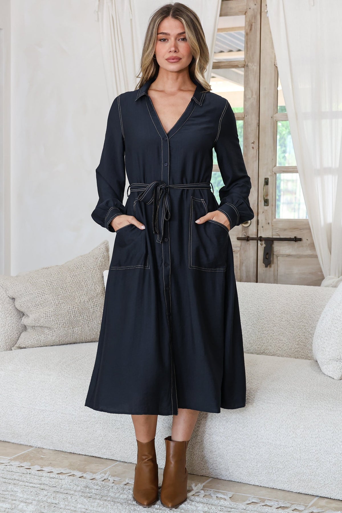 Maria Midi Dress - Wing Collar V Neck Contrast Stitch Shirt Dress with Balloon Sleeves and Belt in Indigo