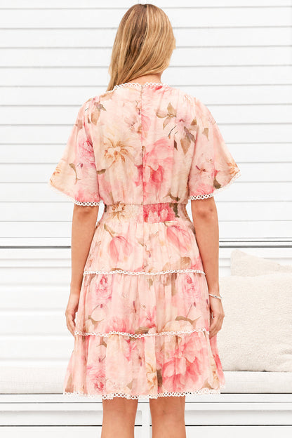 Marion Mini Dress - Lace Trim Tiered Dress with Flutter Sleeves in Lucy Print