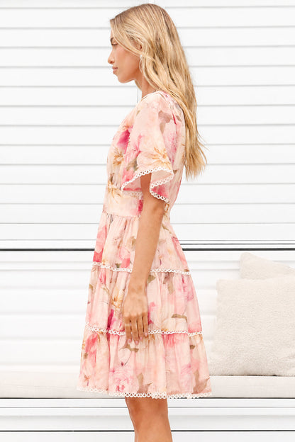 Marion Mini Dress - Lace Trim Tiered Dress with Flutter Sleeves in Lucy Print